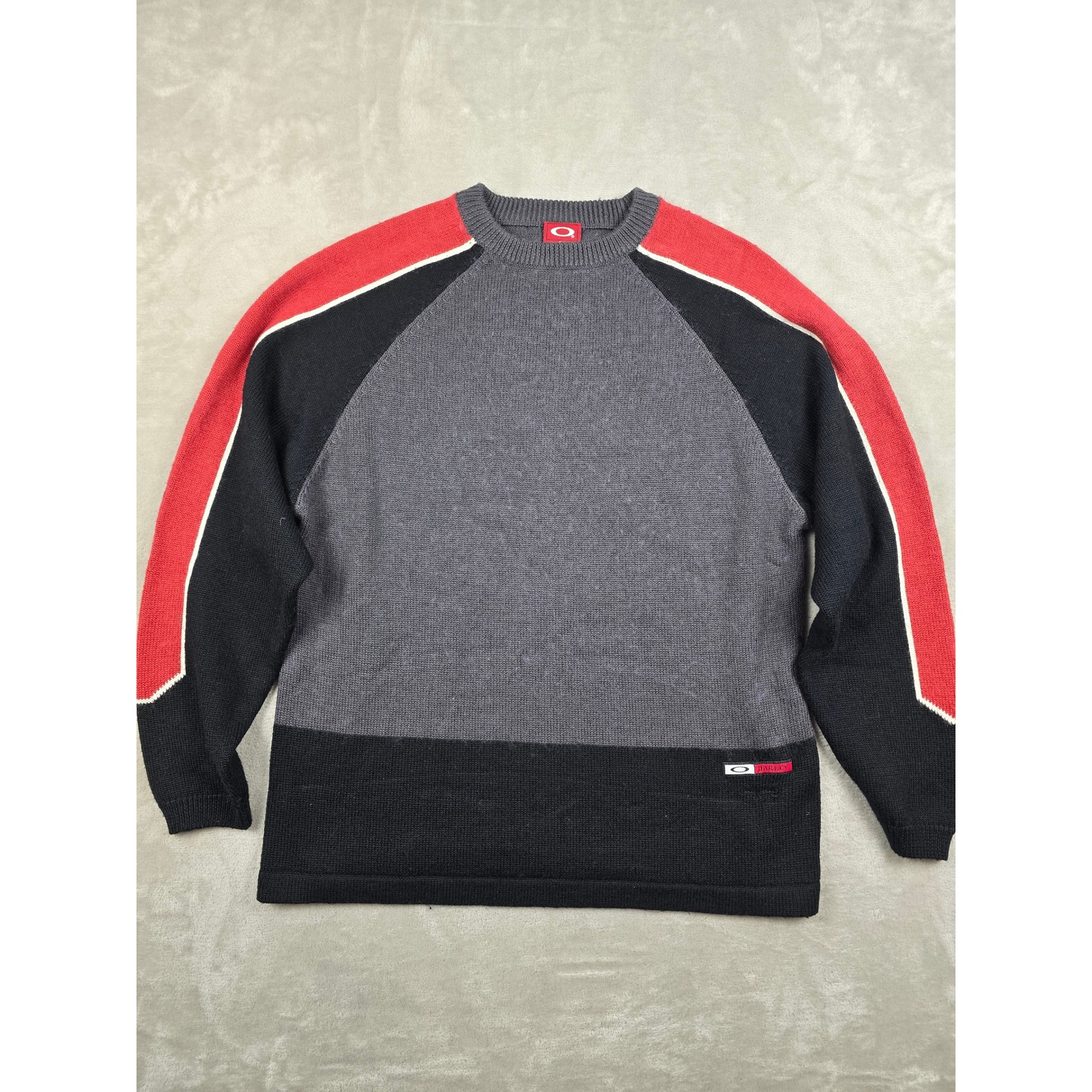 Vintage Oakley Raglan Sweater Mens L Gray Black Red Colorblock Knit Pullover